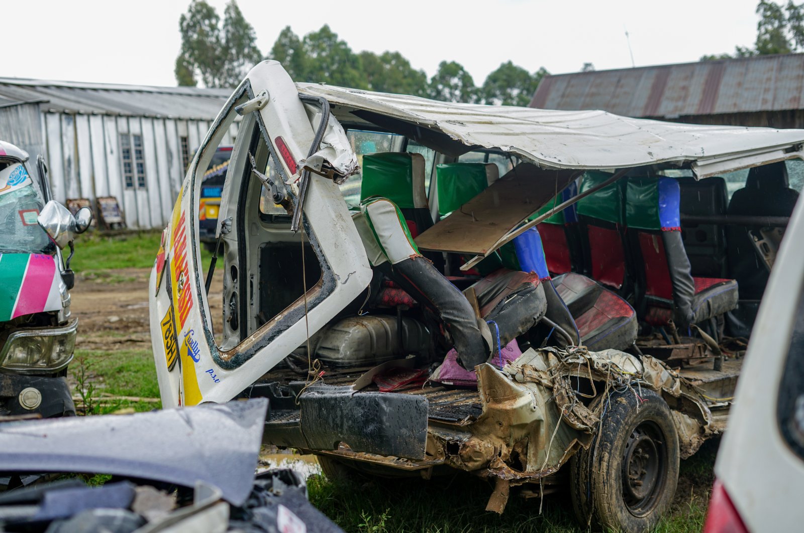 The wreckage of a minibus commonly known as a "matatu" is seen at the Londiani police station, Nakuru, Kenya, July 1, 2023. (Getty Images)