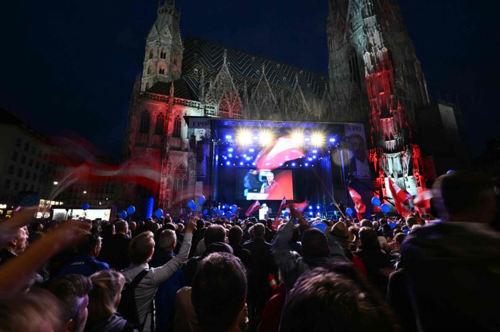 Chairperson and top candidate of the Freedom Party of Austria (FPÖ) Herbert Kickl speaks during an election rally at  Stephansplatz with St. Stephen's Cathedral in the background, Vienna, Austria, Sept. 27, 2024. (AFP Photo)