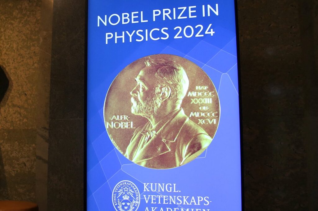 A view of the sign for the Nobel Prize in Physics in the Royal Swedish Academy of Sciences in Stockholm, Sweden, Oct. 8, 2024. (Reuters Photo)
