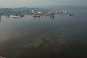 Aerial footage of Izmir Bay shows a dramatic color shift, indicating pollution levels, Izmir, Türkiye, Sept. 22, 2024. (DHA Photo)