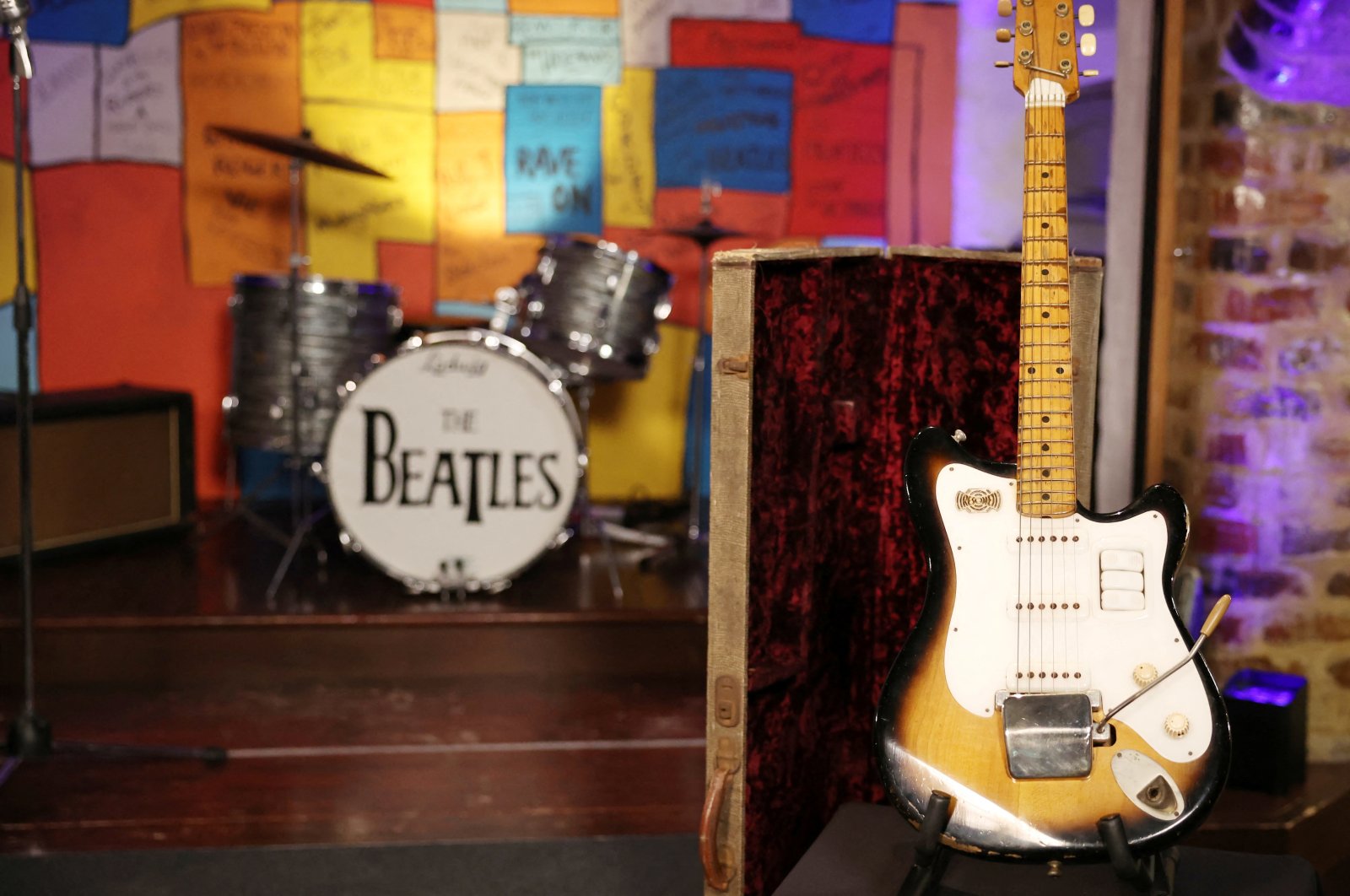 A "Futurama" guitar that used to belong to the late George Harrison, a former member of The Beatles, is displayed on a stage at an auction press in Liverpool, U.K., Oct. 3, 2024. (Reuters Photo)
