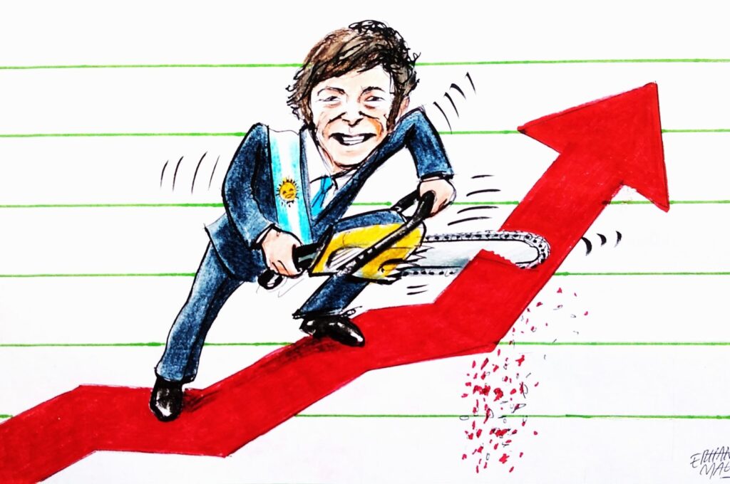 "Unlike Peronist ideas accepted by his predecessor, Javier Milei cut back most of the public welfare and governmental budgets and achieved a fiscal surplus." (Illustration by Erhan Yalvaç)