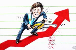 "Unlike Peronist ideas accepted by his predecessor, Javier Milei cut back most of the public welfare and governmental budgets and achieved a fiscal surplus." (Illustration by Erhan Yalvaç)