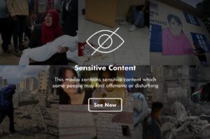 A visual depiction of global tragedies, including murder and genocide, covered in a 'sensitive content' warning. (Photo edited by Betül Tilmaç)