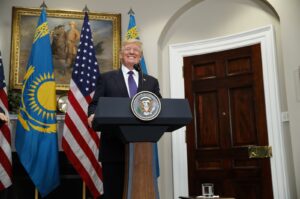 U.S. President Donald Trump delivers a statement with Kazakhstan's President Nursultan Nazarbayev in the Roosevelt Room of the White House, Washington, U.S., Jan. 16, 2018. (AP Photo)