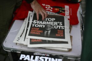 Copies of "Counterfire" are displayed at a stand at the pro-Palestinian "National March to Labour's Conference: End the Genocide in Gaza – Stop Arming Israel" on the eve of Britain's Labour Party Conference in Liverpool, U.K., Sept. 21, 2024. (AFP Photo)