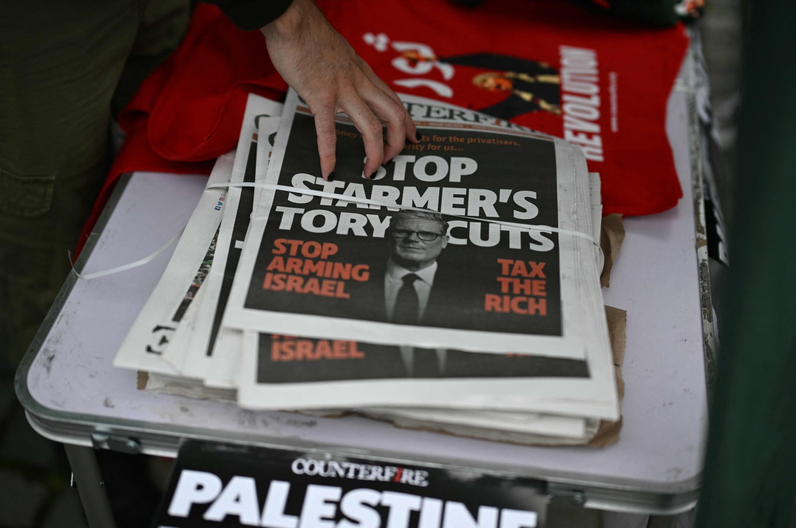 Copies of "Counterfire" are displayed at a stand at the pro-Palestinian "National March to Labour's Conference: End the Genocide in Gaza – Stop Arming Israel" on the eve of Britain's Labour Party Conference in Liverpool, U.K., Sept. 21, 2024. (AFP Photo)