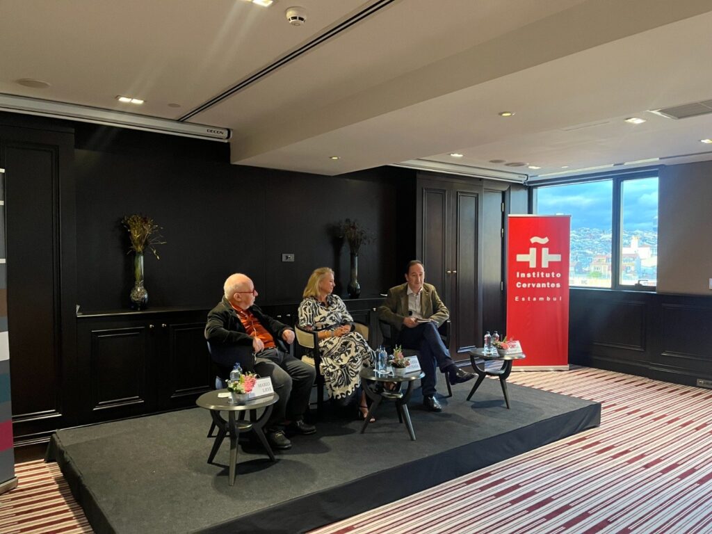 "Writer Mario Levi (L), Almudena de Arteaga (C) and Rafael Carpintero (R) deliver their speeches at the Meeting of Iber-American Writers, Istanbul, Türkiye, Oct. 11, 2023. (Courtesy of Cervantes Institute)