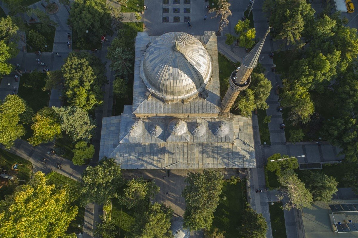 An aerial view of Hacı Ahmet Paşa Mosque, also known as the "Kurşunlu Mosque," Kayseri, Türkiye, Oct. 15, 2024. (DHA Photo)