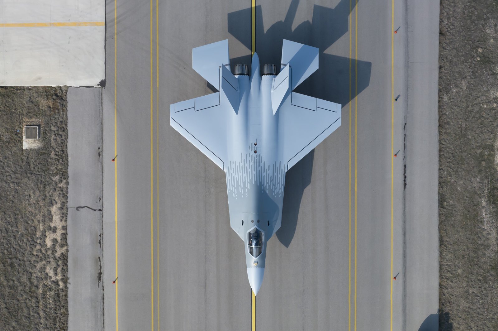 Türkiye's first indigenous fighter jet, Kaan, developed by the Turkish Aerospace Industries (TAI), is seen on a runway, Ankara, Türkiye, in this undated photo. (IHA Photo)