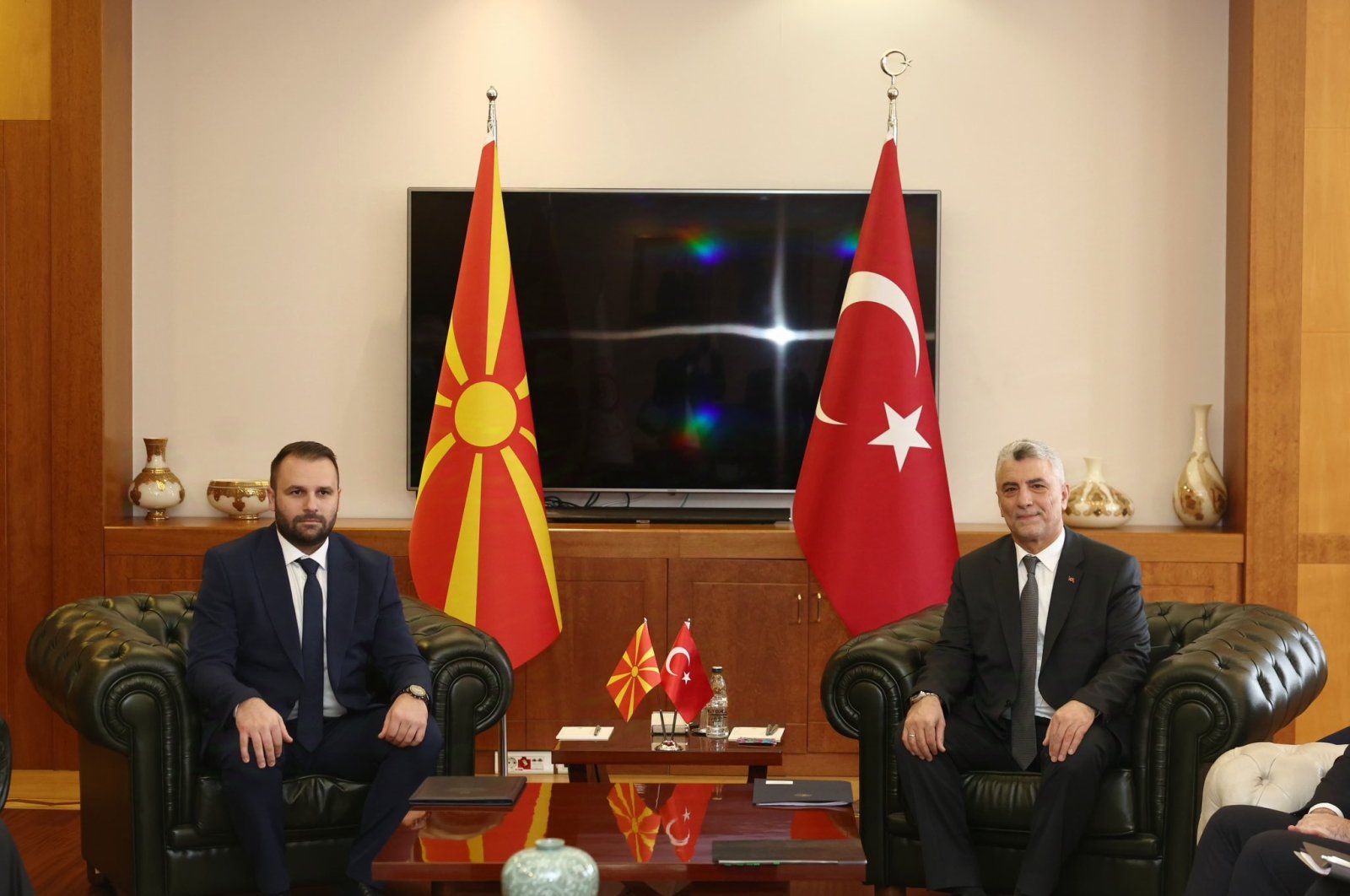 Trade Minister Ömer Bolat (R) hosts Besar Durmishi, North Macedonia's minister of economy and labor, Ankara, Türkiye, Oct. 29, 2024. (DHA Photo)