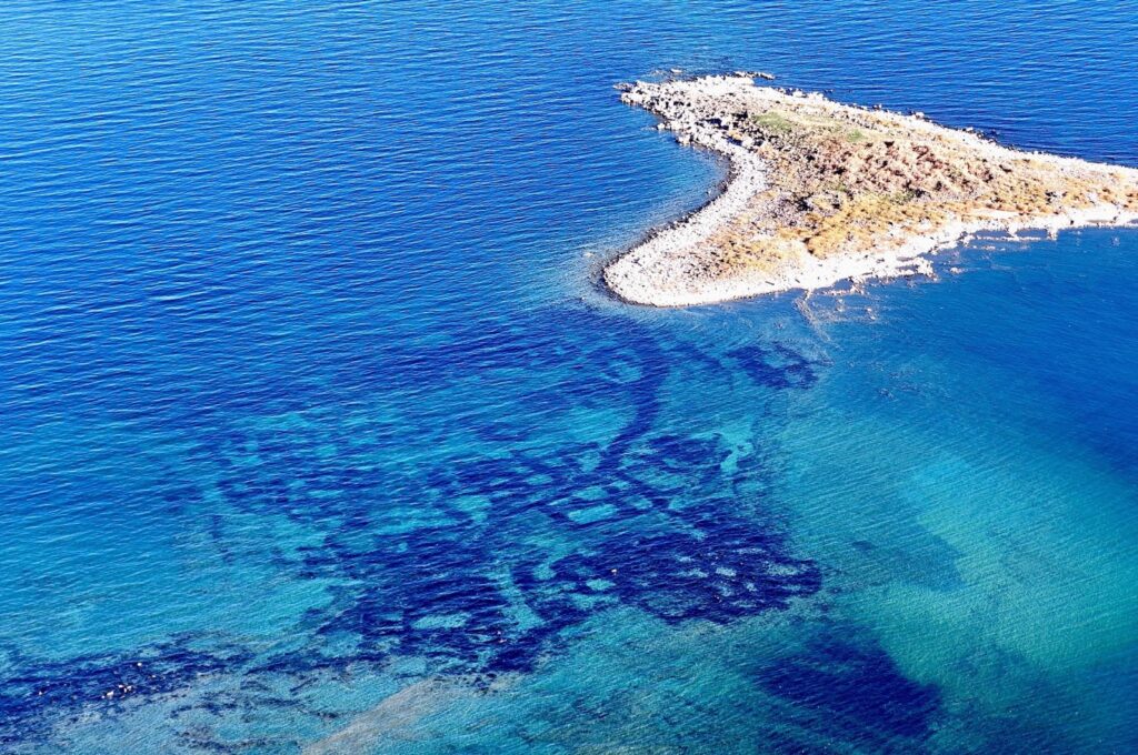Drone footage captures the remnants of an ancient city's urban layout submerged in Lake Van, Türkiye, Nov. 3, 2024. (IHA Photo)