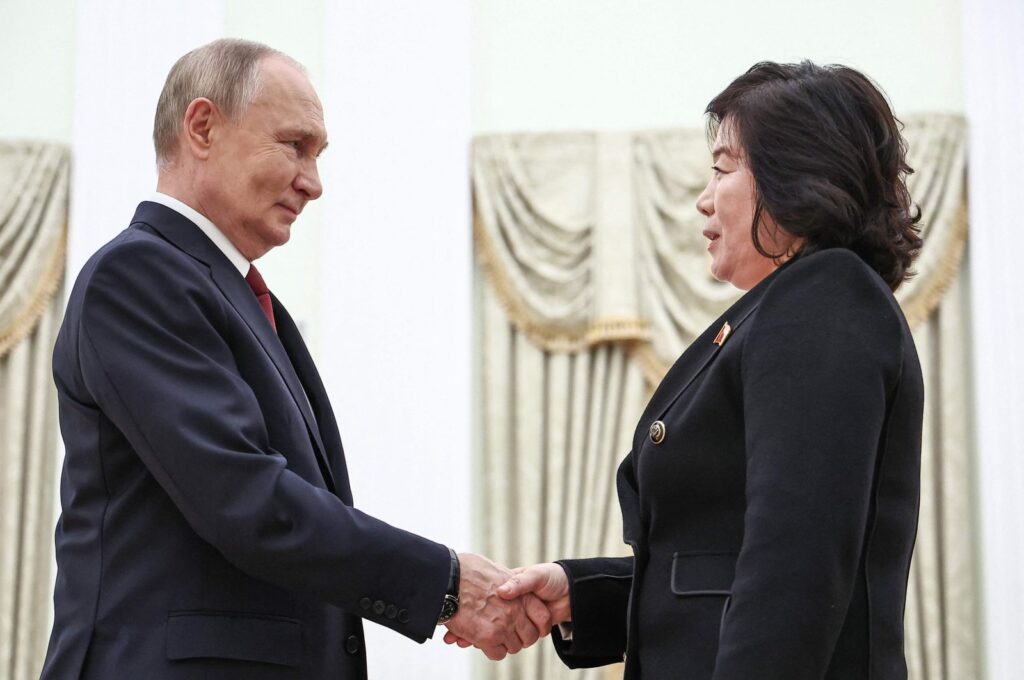 In this pool photograph distributed by Russian state agency Sputnik, Russia's President Vladimir Putin (L) greets North Korea's Foreign Minister Choe Son Hui (R) prior to their talks in Moscow, Nov. 4, 2024. (AFP Photo)