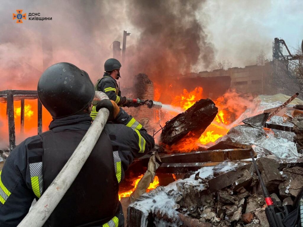 Firefighters work at the site where an industrial area was hit by a Russian missile strike, amid Russia’s attack on Ukraine, Kyiv, Ukraine, Nov. 13, 2024. (Reuters Photo)