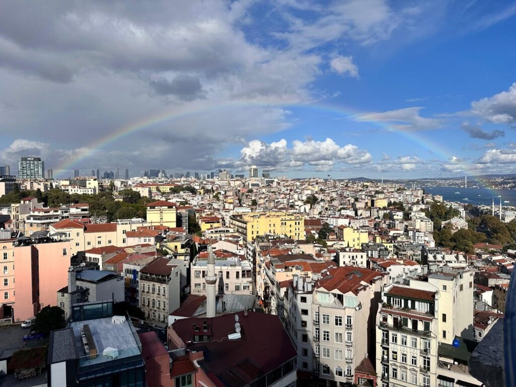 A view of a rainbow captured from iconic Galata Tower, Istanbul, Türkiye, Oct. 19, 2024. (IHA Photo)