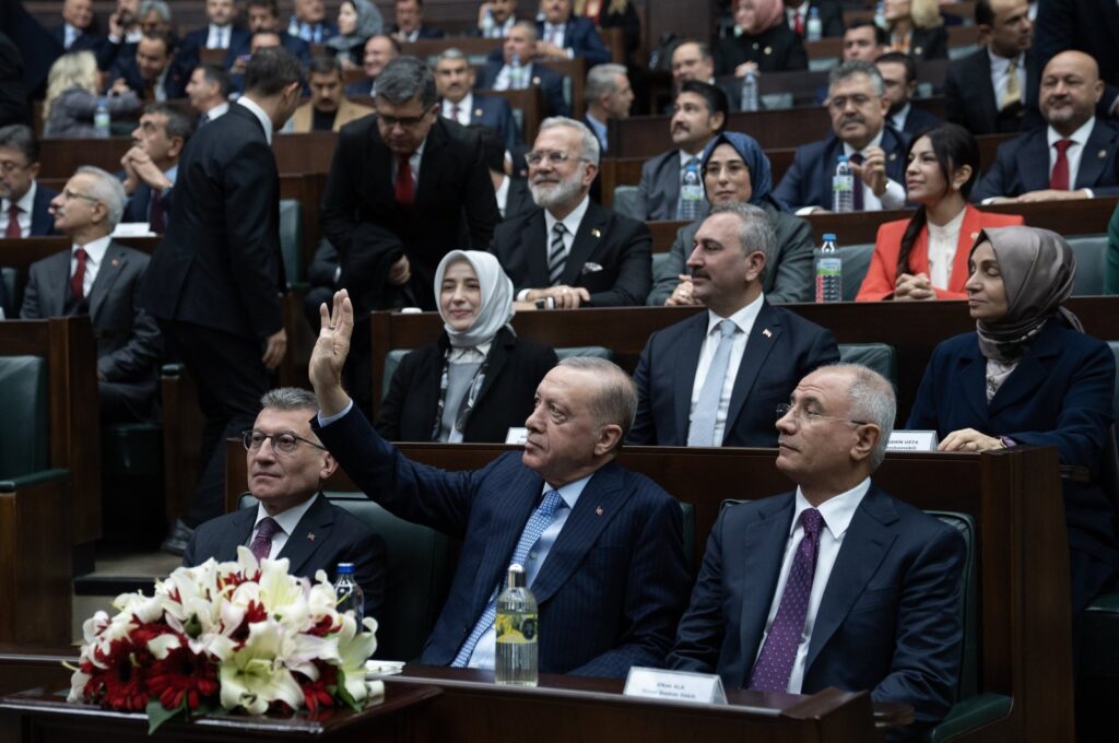President Recep Tayyip Erdoğan greets AK Party supporters during the party's parliamentary group meeting in the capital, Ankara, Türkiye, Nov. 27, 2024. (AA Photo)