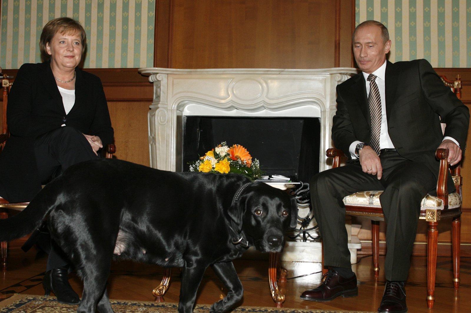 German Chancellor Angela Merkel and Russian President Vladimir Putin look on as Putin's dog Cony walks past during the meeting in Putin's residence in the Russian Black Sea resort of Sochi, Jan. 21, 2007. (AP File Photo)