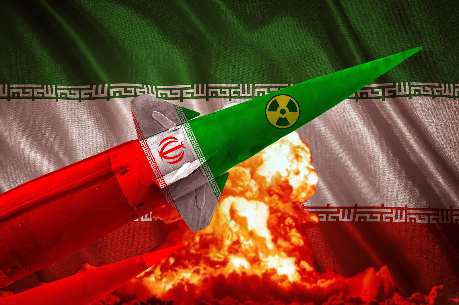 A nuclear missile with Iran's flag and symbol flies against a backdrop of an explosion, representing the nuclear threat, geopolitical tensions and Iran's missile program. (Shutterstock Photo)
