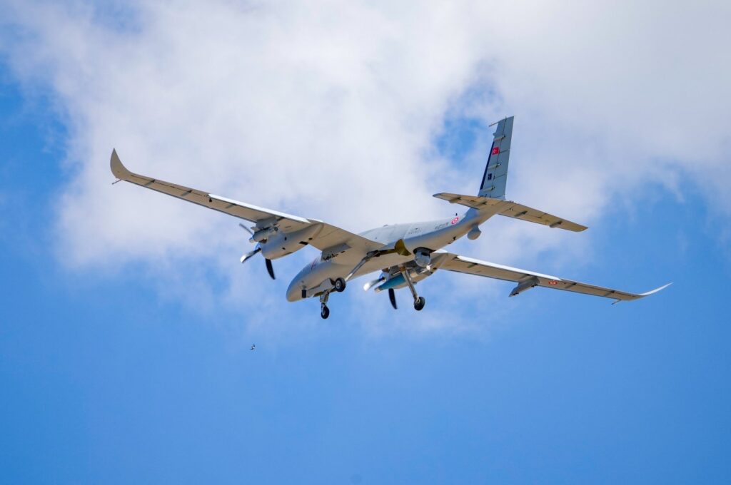 The Baykar-made unmanned combat aerial vehicle Akıncı is seen in the air over northwestern Tekirdağ province, Türkiye, Sept. 26, 2024. (AA Photo)