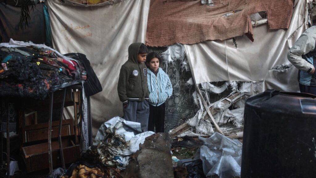 Displaced Palestinian children inspect makeshift camp damaged in Israeli strikes, Bureij refugee camp, central Gaza, Palestine, Dec. 4, 2024. (AFP Photo)