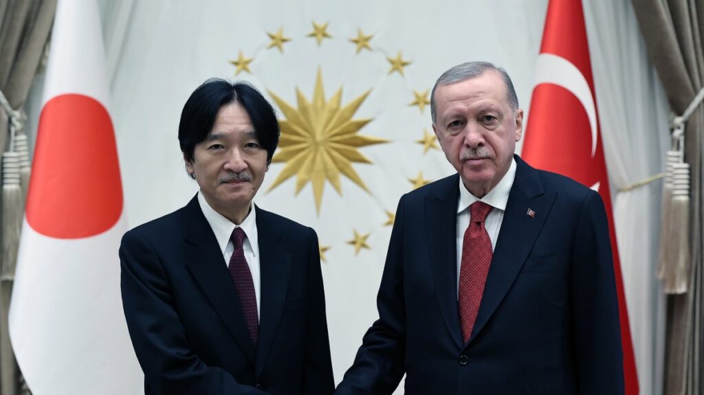 President Recep Tayyip Erdoğan welcomes Japan's Crown Prince Fumihito at the Presidential Complex, in the capital Ankara, Türkiye, Dec. 4, 2024. (AA Photo)