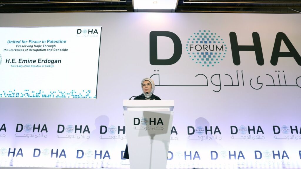 First lady Emine Erdoğan speaks at the Doha Forum, Doha, Qatar, Dec. 7, 2024. (AA Photo)
