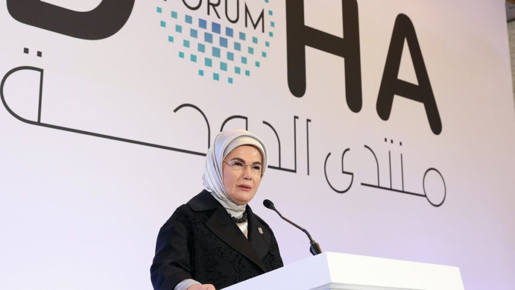 Emine Erdoğan speaks at the "Palestine United as One" session during the Doha Forum 2024 in Doha, Qatar, Dec. 7, 2024. (AA Photo)