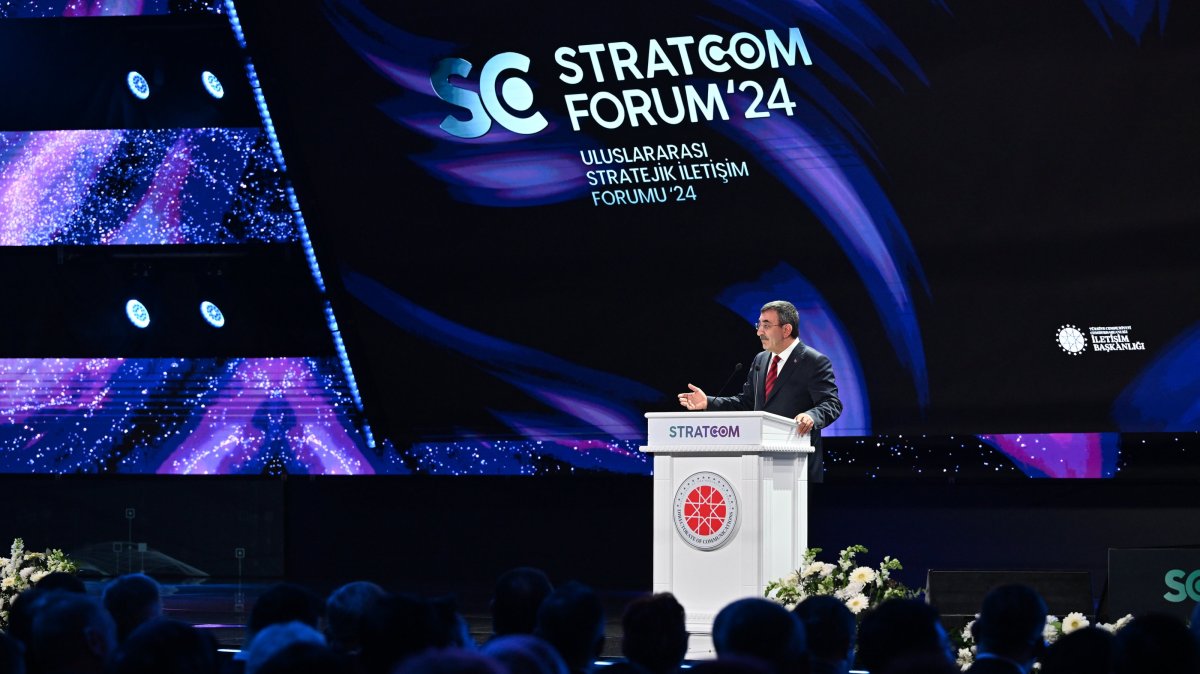 Vice President Cevdet Yılmaz speaks at a panel at Stratcom Summit 24, Istanbul, Türkiye, Dec. 13, 2024. (AA Photo)