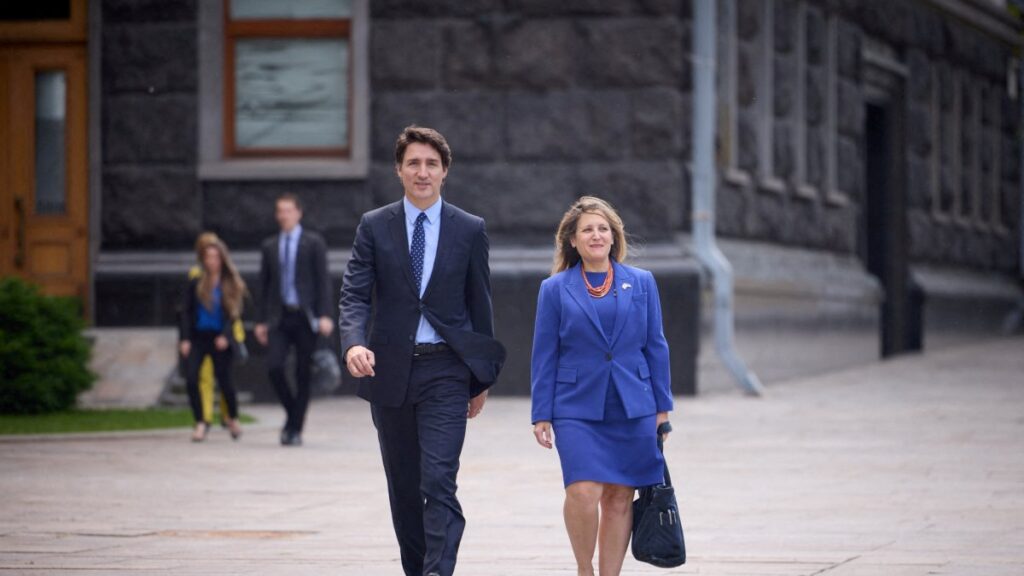 Prime Minister Justin Trudeau and Minister of Finance Chrystia Freeland arrive for a meeting with Ukraine's President Volodymyr Zelenskyy, in Kyiv, Ukraine June 10, 2023. (Ukrainian Presidential Press Service/Handout via Reuters)