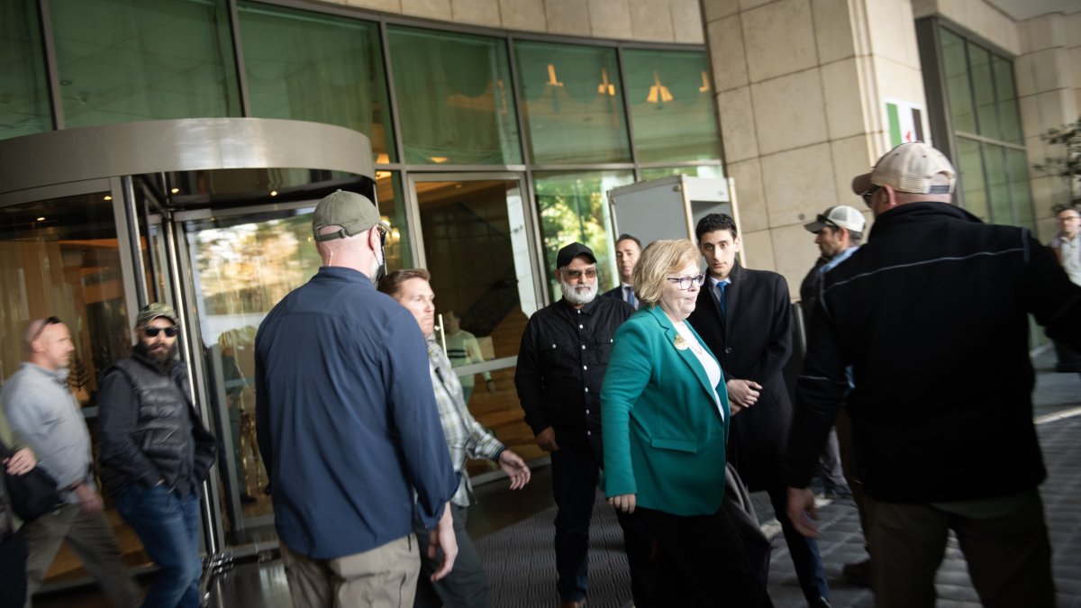 A delegation of U.S. diplomats, including Assistant Secretary of State for Near Eastern Affairs Barbara Leaf (C), leaves a hotel, Damascus, Syria, Dec. 20, 2024. (EPA Photo)