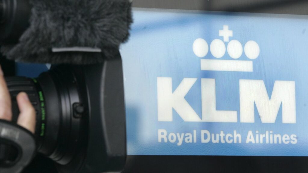 The Logo of Dutch airline KLM at the Cologne Bonn Airport in Cologne, western Germany, Sept. 26, 2008. (AP Photo)