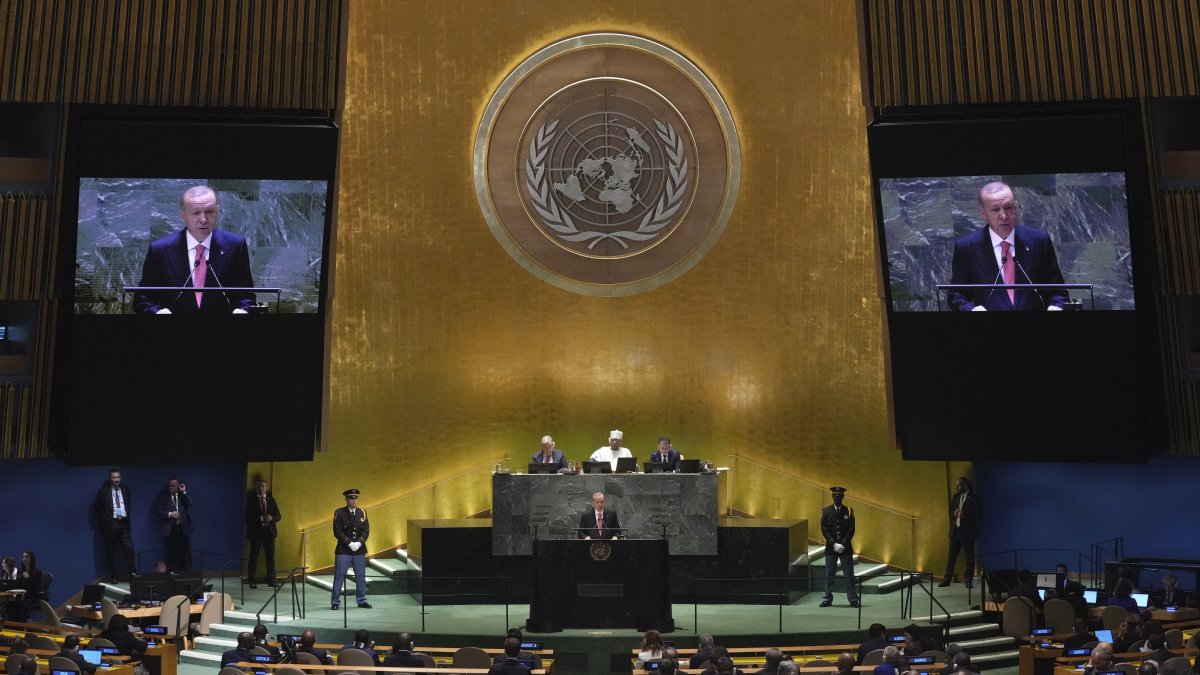 President Recep Tayyip Erdoğan addresses the 79th session of the United Nations General Assembly, New York, U.S., Sept. 24, 2024. (AP Photo)