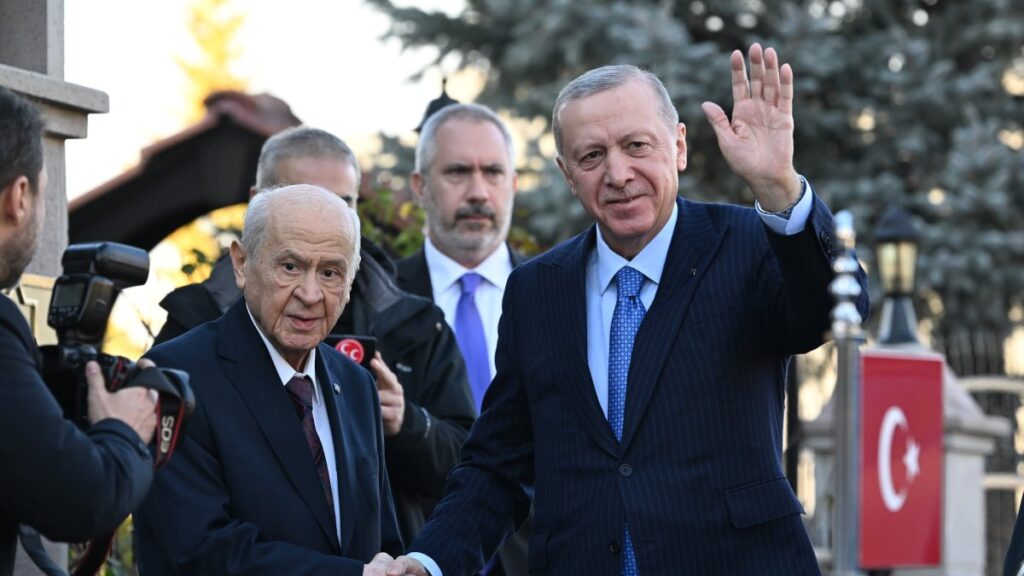 President Recep Tayyip Erdoğan and MHP Chairman Devlet Bahçeli shake hands as they meet at Bahçeli's home in Ankara, Jan. 9, 2025. (AA Photo)