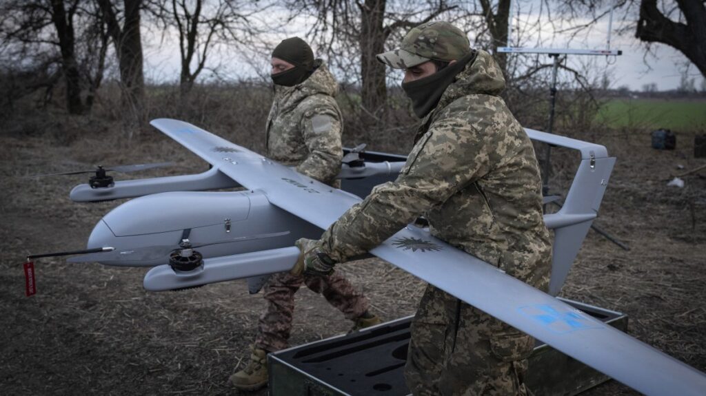 Ukrainian soldiers prepare to start the Poseidon H10 Middle-range UAV at the frontline, near Bakhmut, Donetsk region, Ukraine, March 26, 2024. (AP Photo)