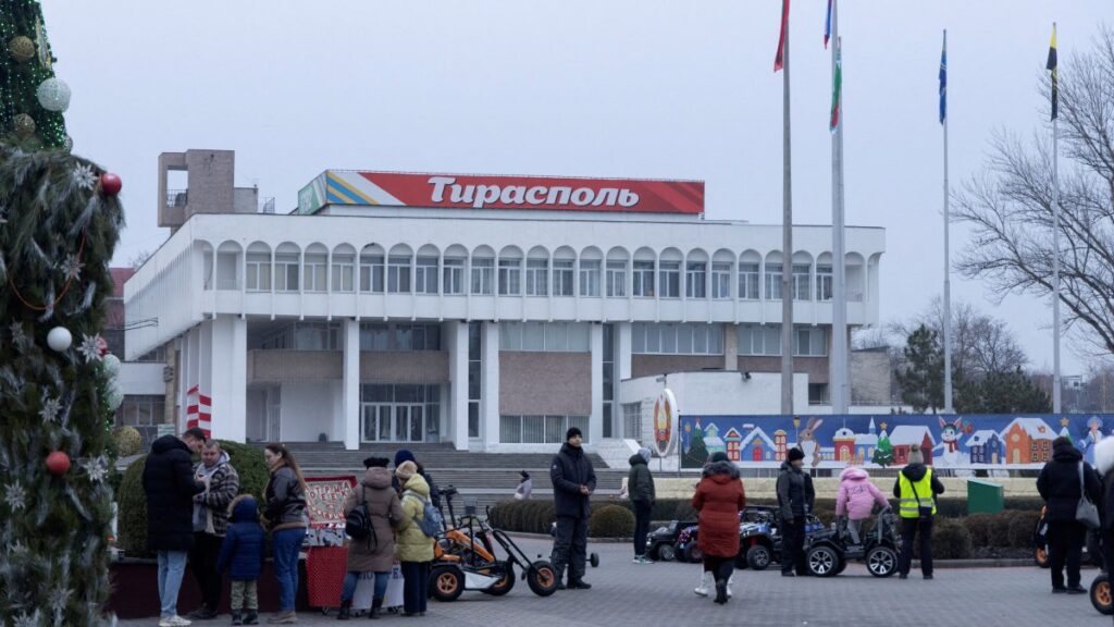 People gather near a Christmas tree in a square in Tiraspol, Moldova's breakaway region of Transnistria, Jan. 3, 2025. (Reuters Photo)