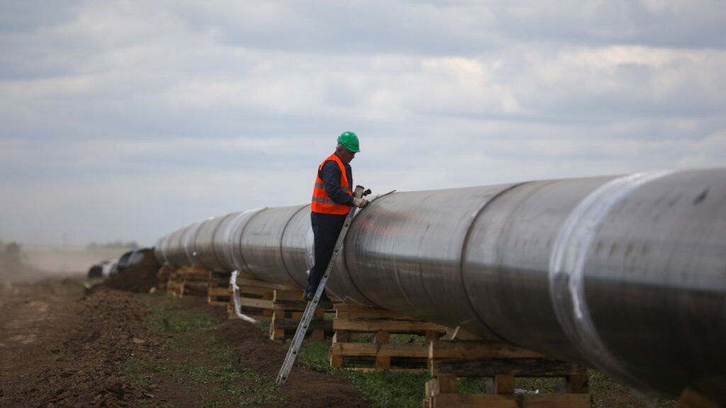A worker is seen next to a pipe at a construction site on the extension of the TurkStream gas pipeline in Letnitsa, Bulgaria, June 1, 2020. (Reuters Photo)