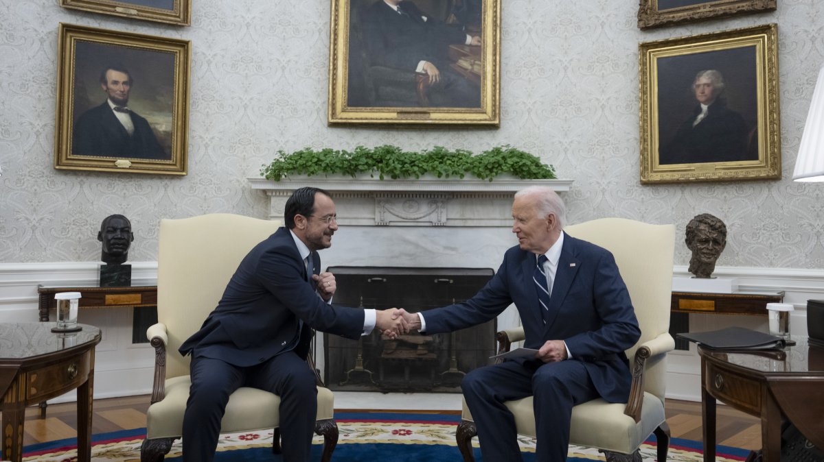 U.S. President Joe Biden shakes hands with Greek Cypriot leader Nikos Christodoulides during a meeting, Washington, U.S., Oct. 30, 2024. (AP Photo)