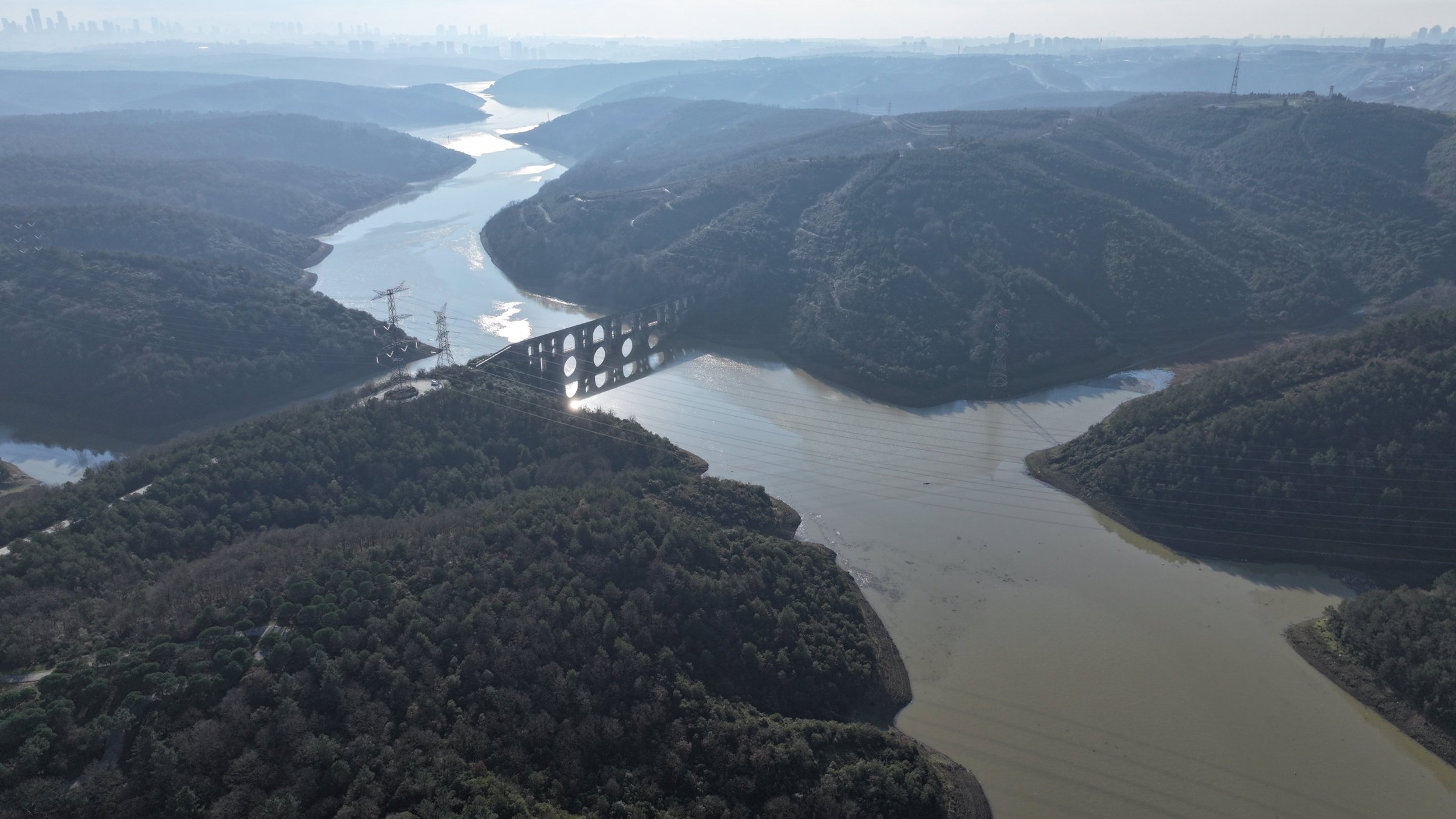 An aerial view of Istanbul's reservoirs shows varying water levels, Istanbul, Türkiye, Jan. 17, 2024. (AA Photo)