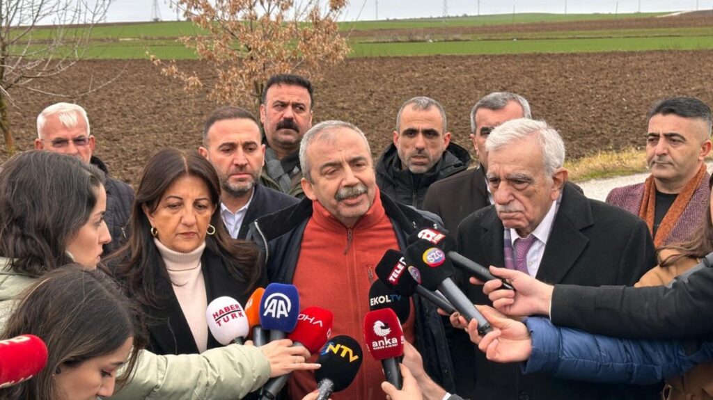 Peoples' Equality and Democracy Party (DEM Party) lawmakers Sırrı Süreyya Önder (C), Pervin Buldan (L) and Ahmet Türk (R) talk to reporters after visiting Selahattin Demirtaş in prison, northwestern Edirne province, Türkiye, Jan. 11, 2025. (AA Photo)