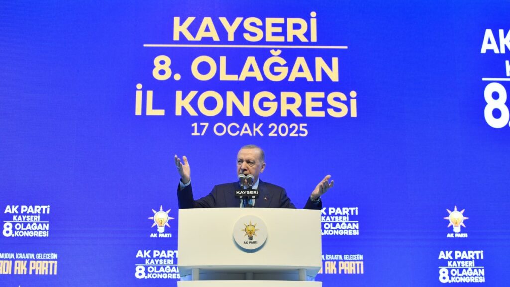 President Recep Tayyip Erdoğan speaks at the ruling AK Party's 8th Ordinary Convention in Kayseri, Jan. 17, 2025. (IHA Photo)