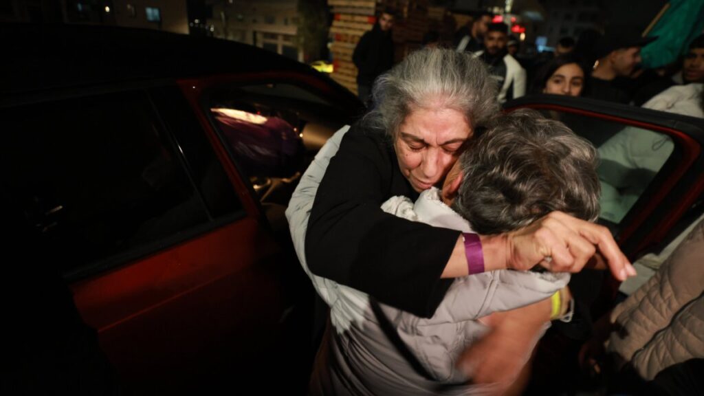 Palestinian leader of the Popular Front for the Liberation of Palestine (PFLP), Khalida Jarrar (C) greeted by relatives as she arrives in Ramallah, occupied West Bank, Jan. 20, 2025. (EPA Photo)