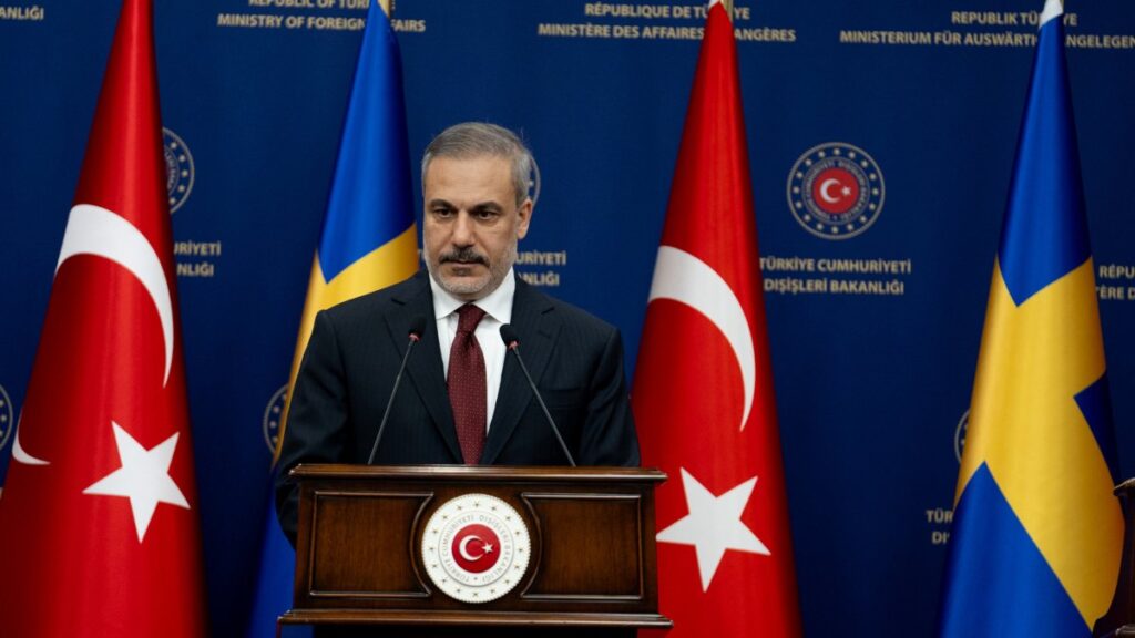 Foreign Minister Hakan Fidan speaks at a joint news conference with Swedish Foreign Minister Maria Malmer Stenergard (not pictured) in Ankara, Jan. 21, 2025. (AA Photo)