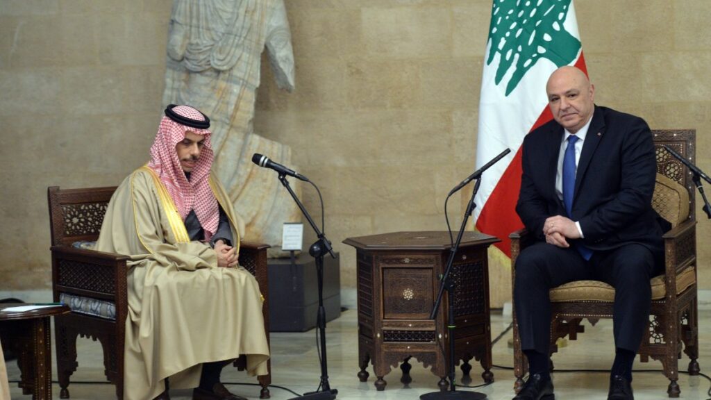 Lebanese President Joseph Aoun (Right) meets with Saudi Arabia's Foreign Minister Prince Faisal bin Farhan al-Saud (Left) at the Presidential Palace in Baabda, Lebanon, Jan. 23, 2025. (EPA Photo)