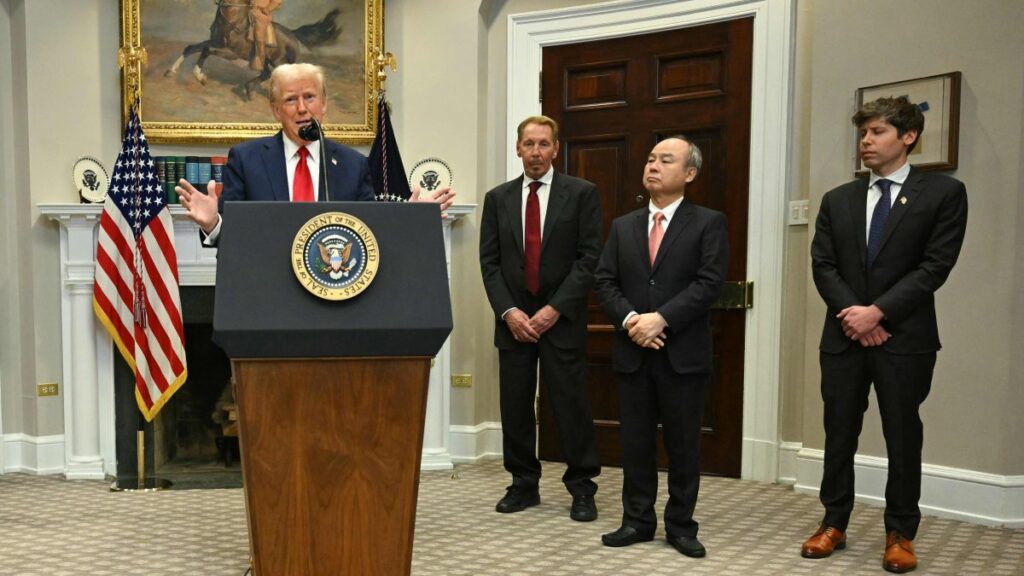 U.S. President Donald Trump speaks in the Roosevelt Room flanked by Masayoshi Son (2nd R), chair and CEO of SoftBank Group Corp, Larry Ellison (2nd L), executive chair of Oracle, and Sam Altman (R), CEO of Open AI, at the White House, Washington, U.S., Jan. 21, 2025. (AFP Photo)