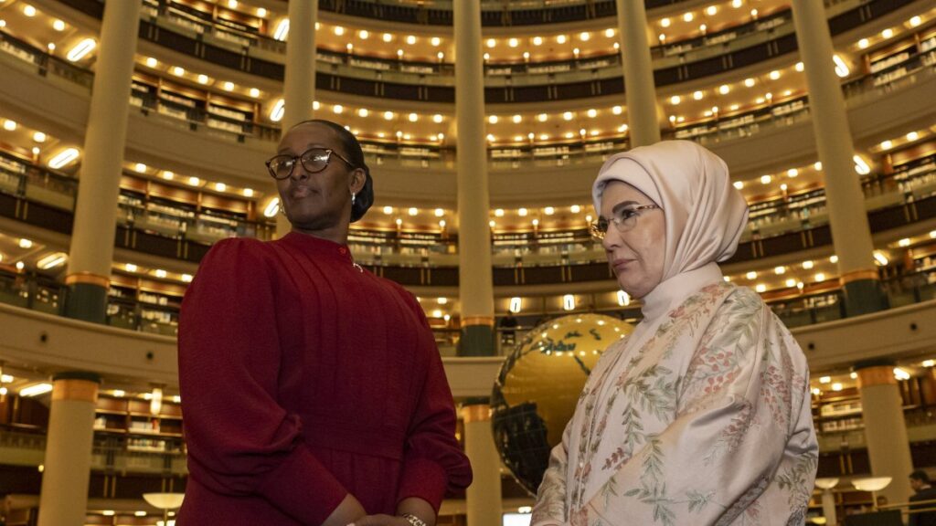 First lady Emine Erdoğan (R) and Rwandan first lady Jeannette Kagame explore works in the Presidential Library, Ankara, Türkiye, Jan. 23, 2024. (AA Photo)