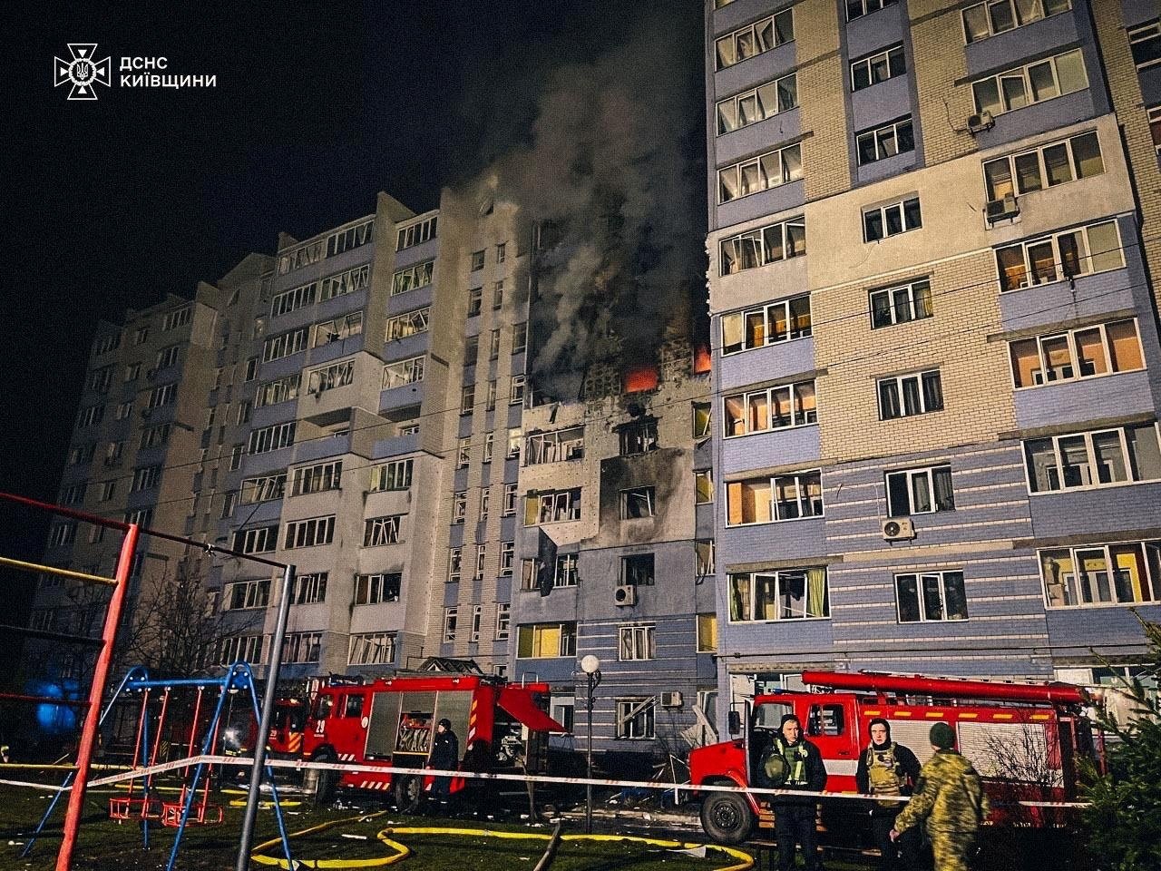 Firefighters work at a site of an apartment building damaged during a Russian drone strike, in the town of Hlevakha, Kyiv region, Ukraine, Jan. 24, 2025. (Reuters Photo)