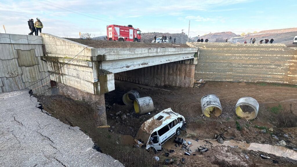 The shuttle bus that fell into a creek bed after the accident, Tuzla, Istanbul, Türkiye, Jan. 24, 2025. (AA Photo)