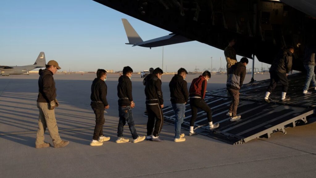 Migrants board a C-17 Globemaster III aircraft for a removal flight, Fort Bliss, Texas, January 23, 2025. (Reuters Photo)