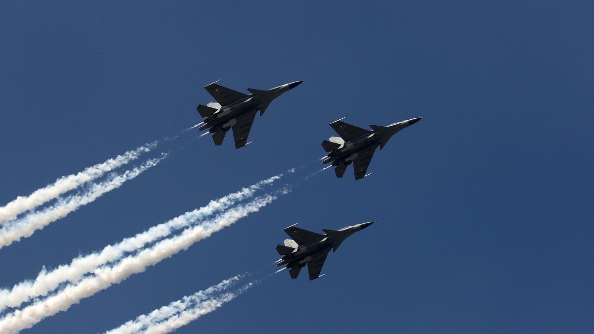Three Sukhoi-30 fighter aircraft of the Indian Air Force are seen in the air during India's 76th Republic Day celebrations, New Delhi, India, Jan. 26, 2025. (EPA Photo)