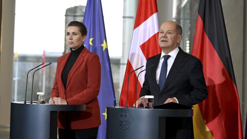 Prime Minister of Denmark Mette Frederiksen (L) and German Chancellor Olaf Scholz hold a joint news conference after their bilateral talks at the Federal Chancellery in Berlin, Germany, Jan. 28, 2025. (AP Photo)